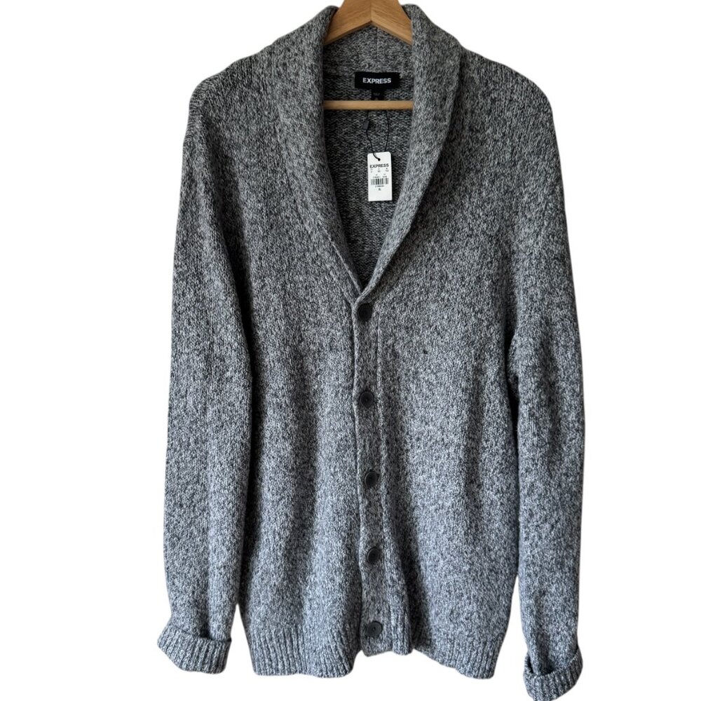 Express New Men's Shawl Cardigan Grandpa Sweater Knit Marled Gray Academia XL